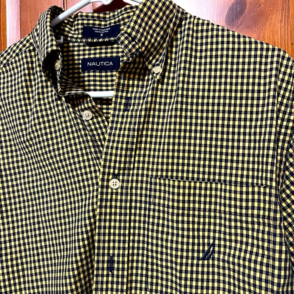 Nautica Men's Yellow and Black Plaid Shirt - Small